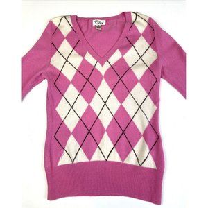 Lily Pulitzer Women's Argyle Cashmere Sweater XS Pink White V Neck
